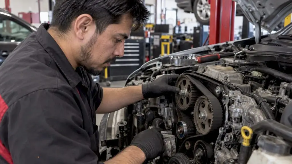 Technician inspecting an exposed timing belt