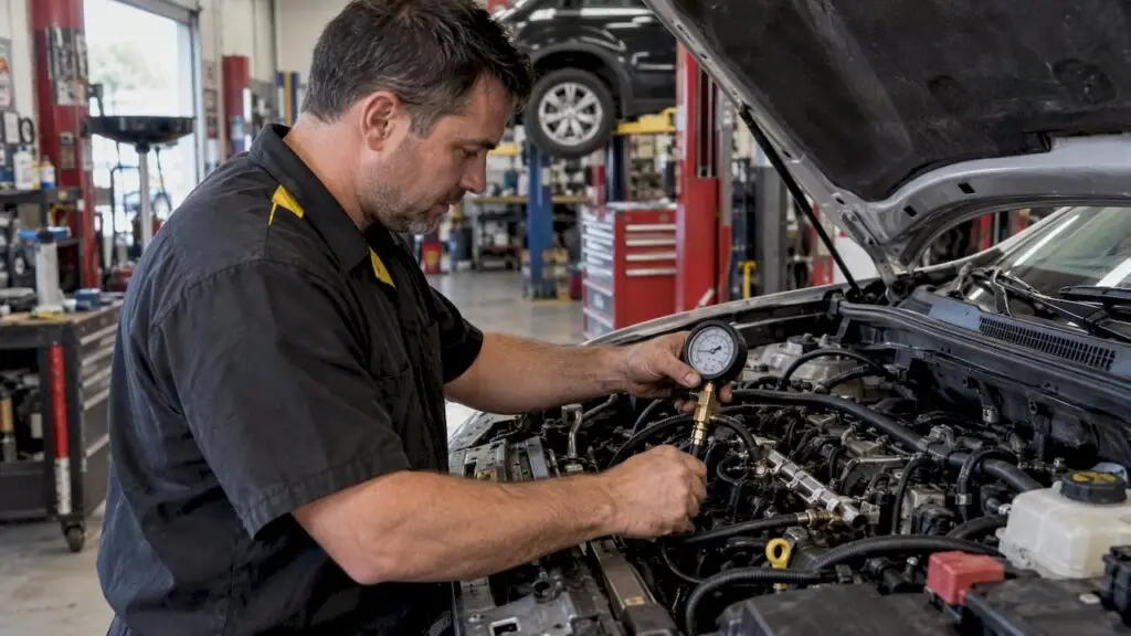 Technician checking fuel pressure in repair bay