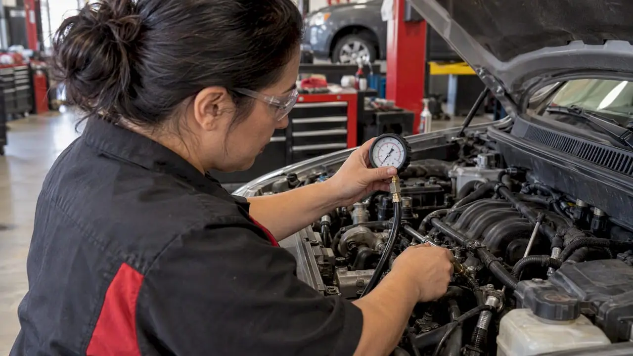 Technician testing fuel pressure under hood