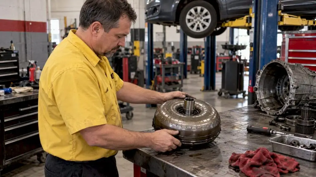 Technician inspecting a torque converter in a repair shop