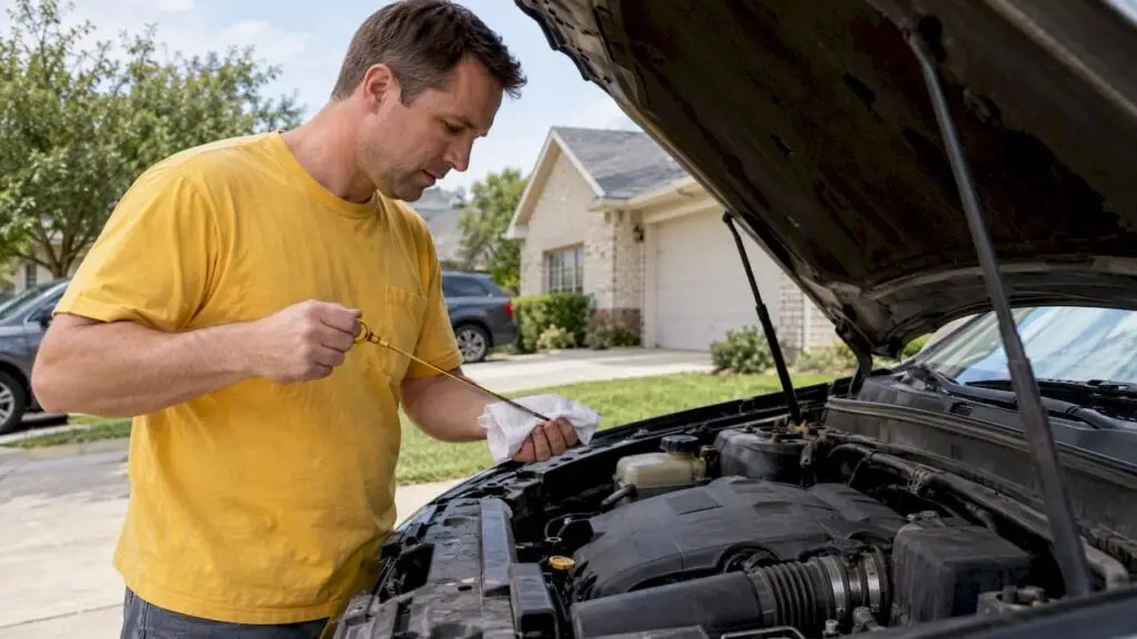 Driver checks dipstick under raised hood