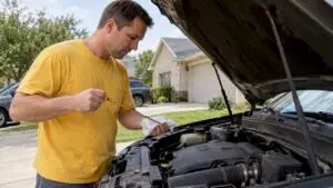 Driver checks dipstick under raised hood