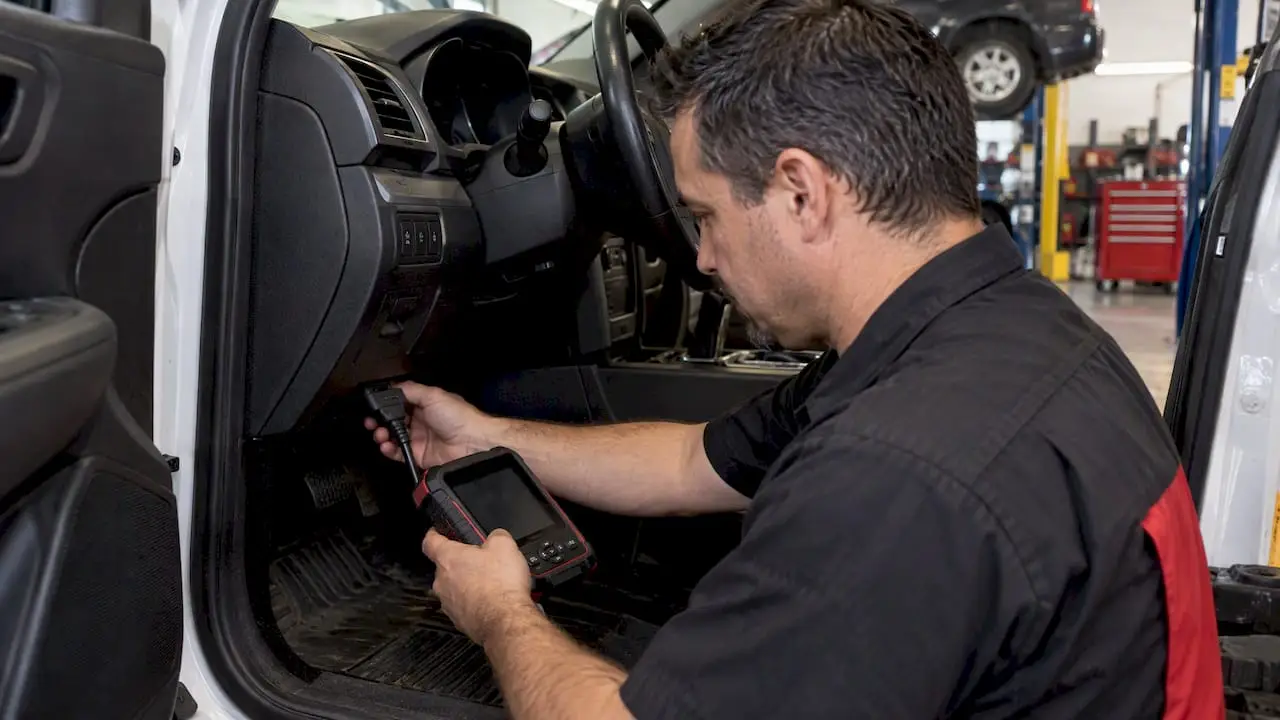 Technician connects scan tool beneath dashboard