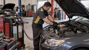 Technician connecting coolant flush equipment to sedan
