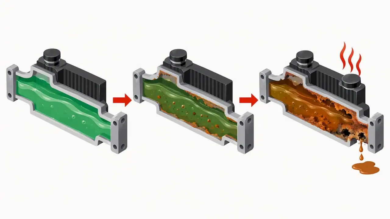 Coolant degradation leading to corrosion and overheating