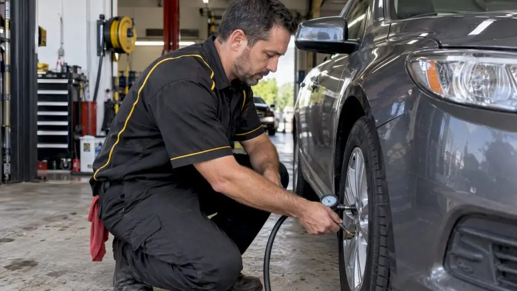 Technician checks a sedan tire with gauge