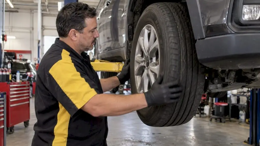 Technician checking an SUV tire in a repair bay