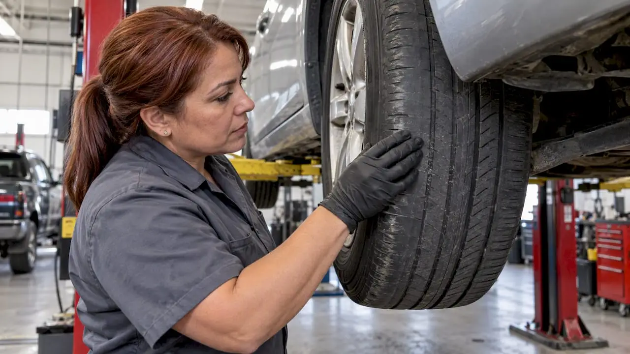 Technician checking feathered tire tread