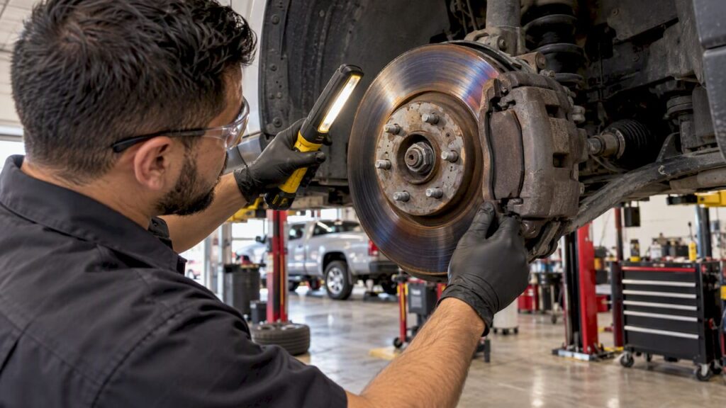 Heat-discolored brake rotor under inspection