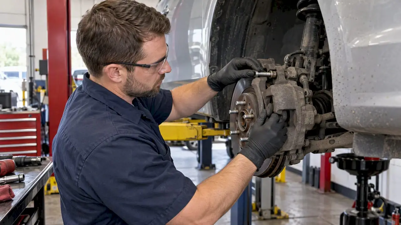 Technician checking a brake caliper slide pin