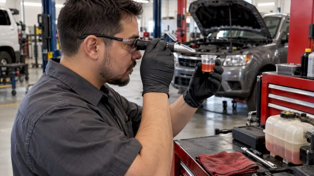 Technician checks a coolant sample with a refractometer