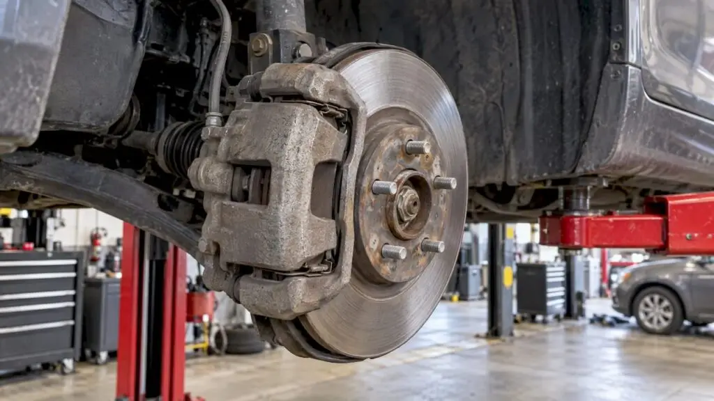 Brake caliper and rotor on raised sedan