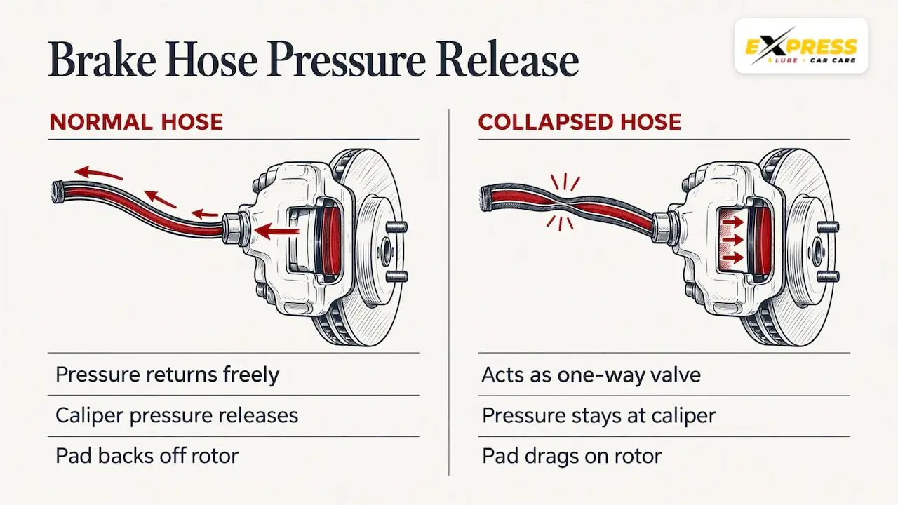 How a collapsed hose traps brake pressure