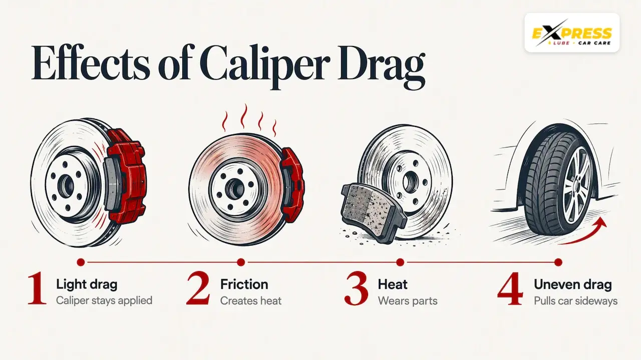 What does a stuck brake caliper actually do wrong? — overview diagram