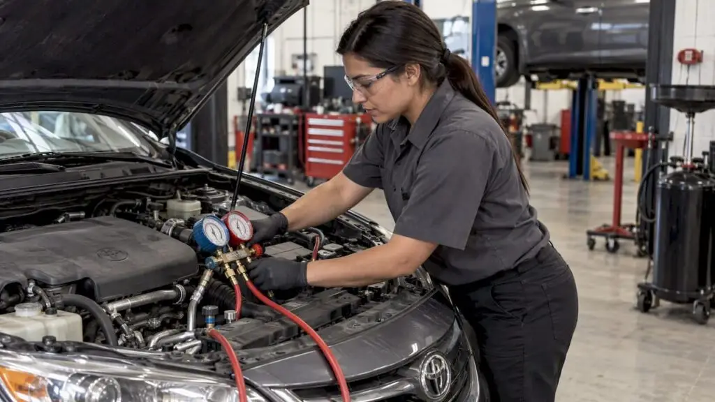 Technician checking car A/C manifold gauges