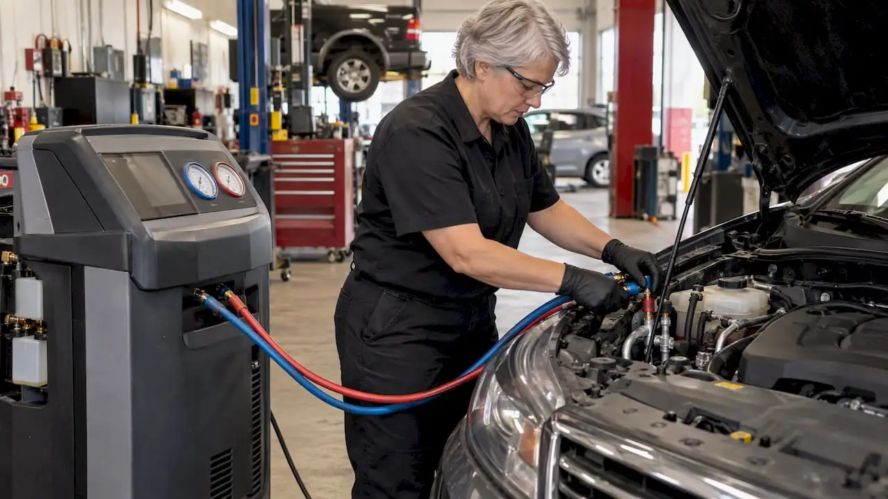 Technician recovering refrigerant from a sedan