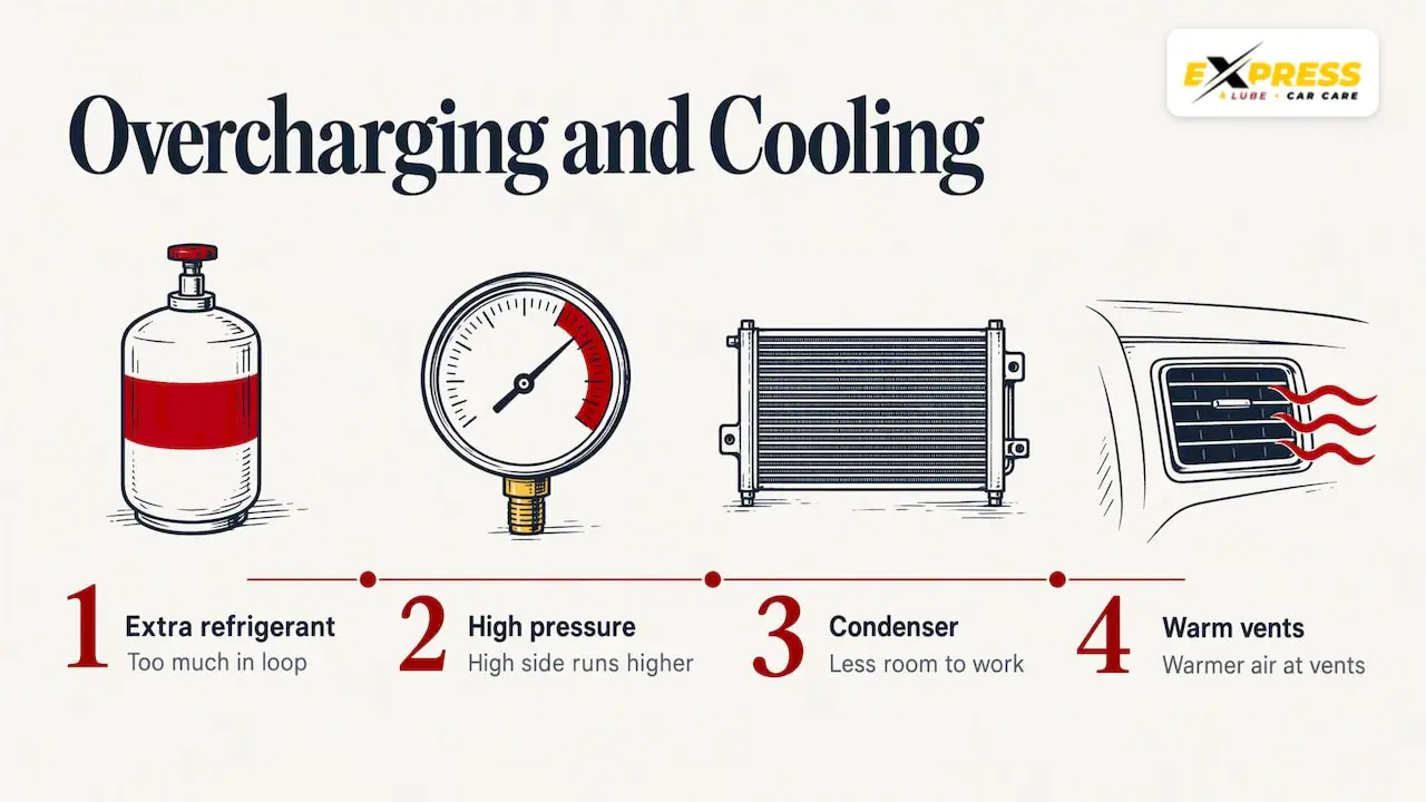 Why does too much refrigerant make the A/C cool worse? — overview diagram